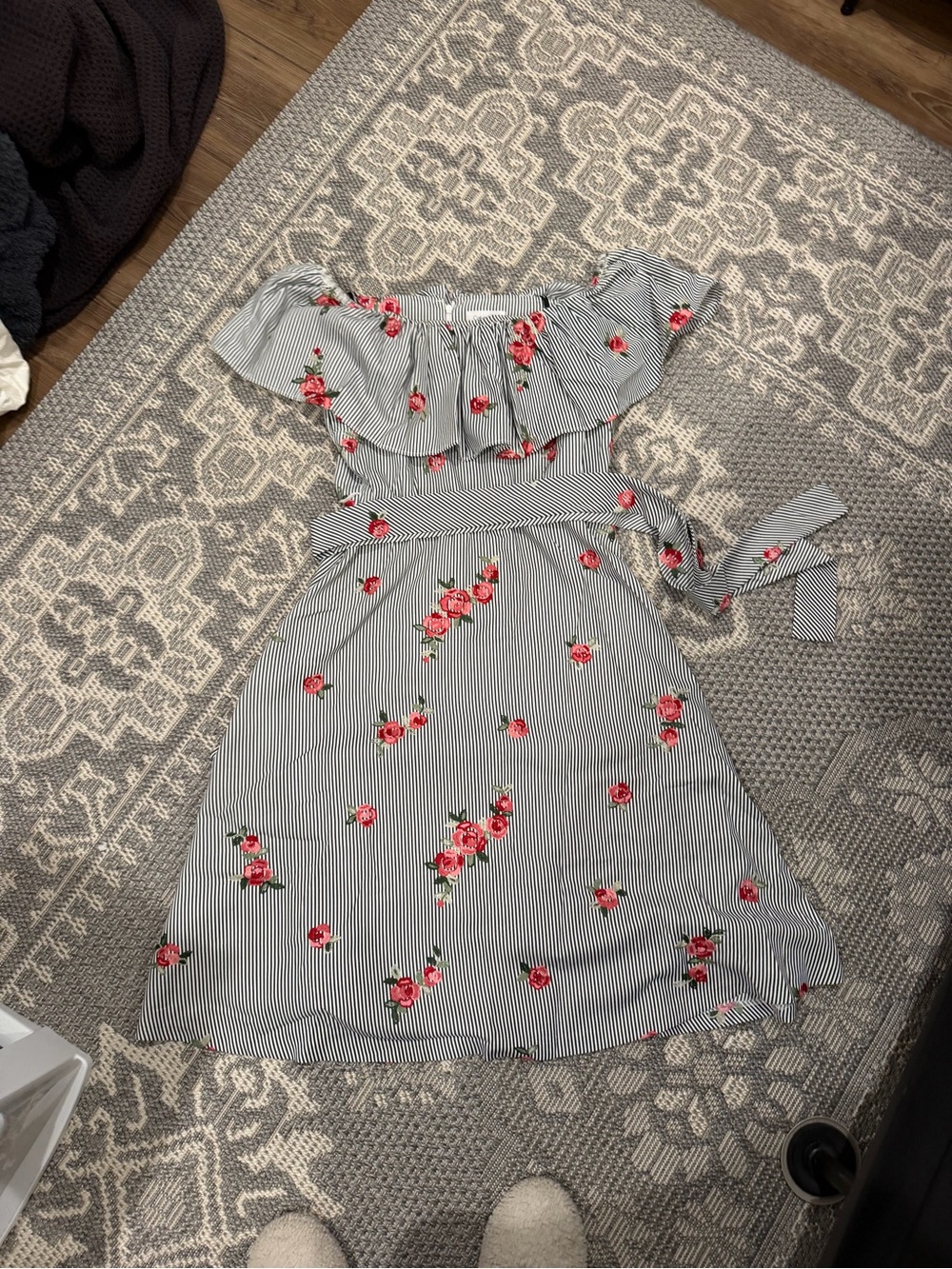 Striped Off-Shoulder Floral Dress with Tie Waist